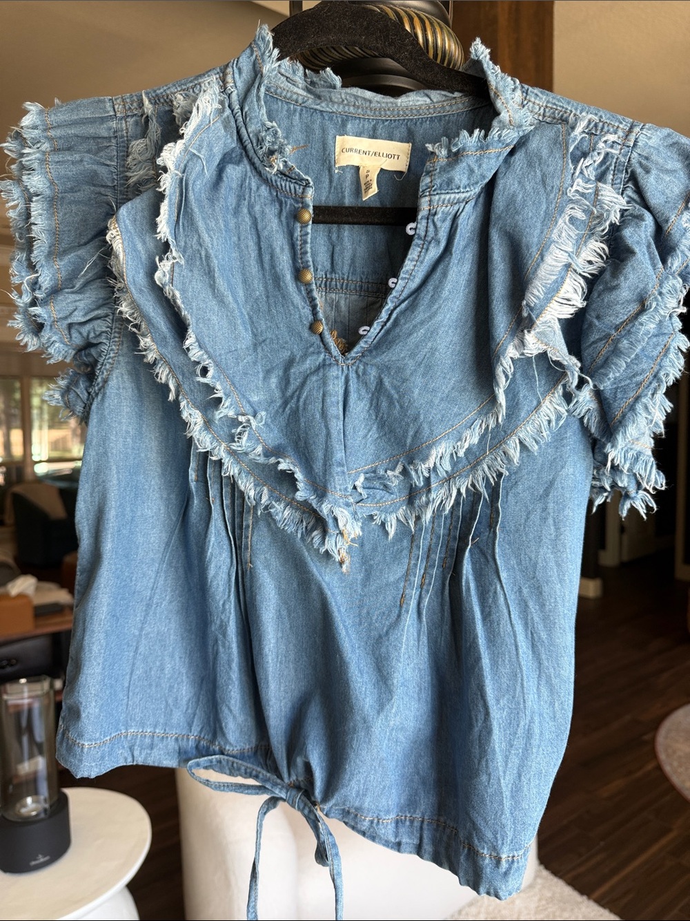Current/Elliott Light Blue Frayed Denim Ruffle Sleeve Top